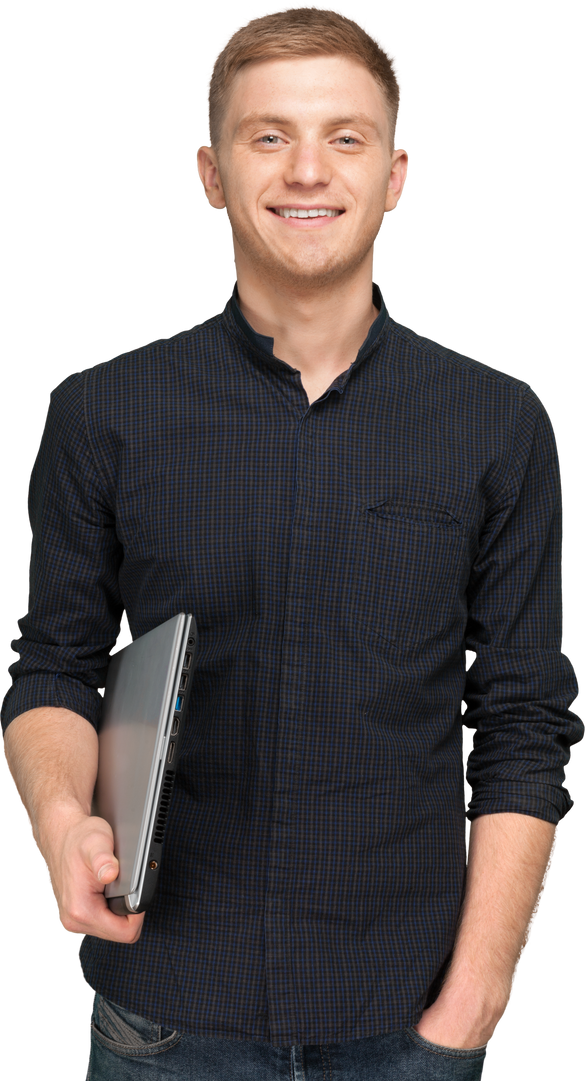 Portrait of a Smiling Man Holding a Laptop