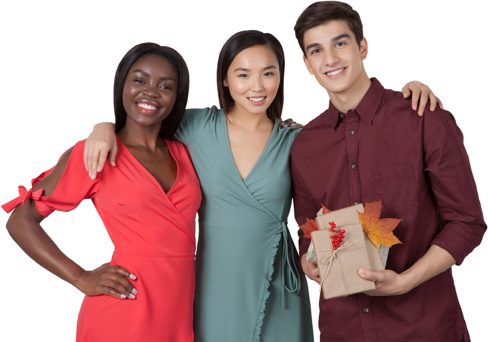 A Diverse Group of Friends Carrying a Gift